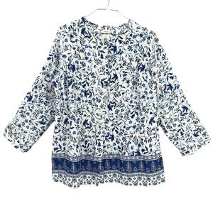 Joie Womens Plus Size Button Up‎ Blouse Top 1X Blue Floral White Linen